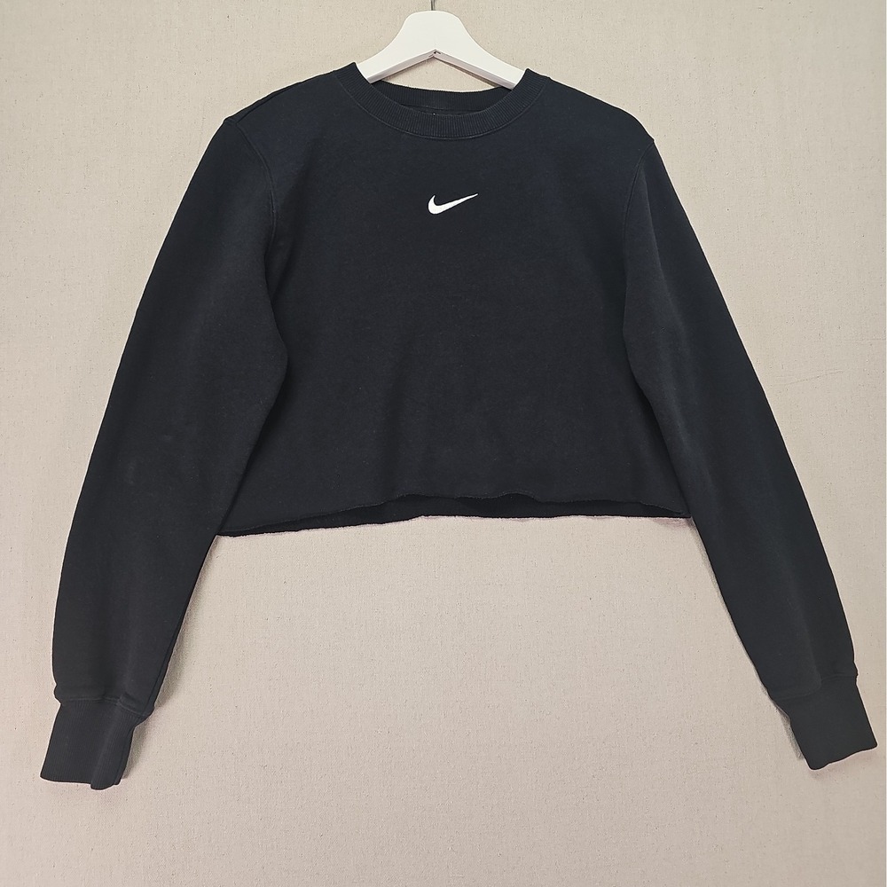 Nike Sportswear Club Fleece Womens Small Black Oversized Cutoff Crewneck